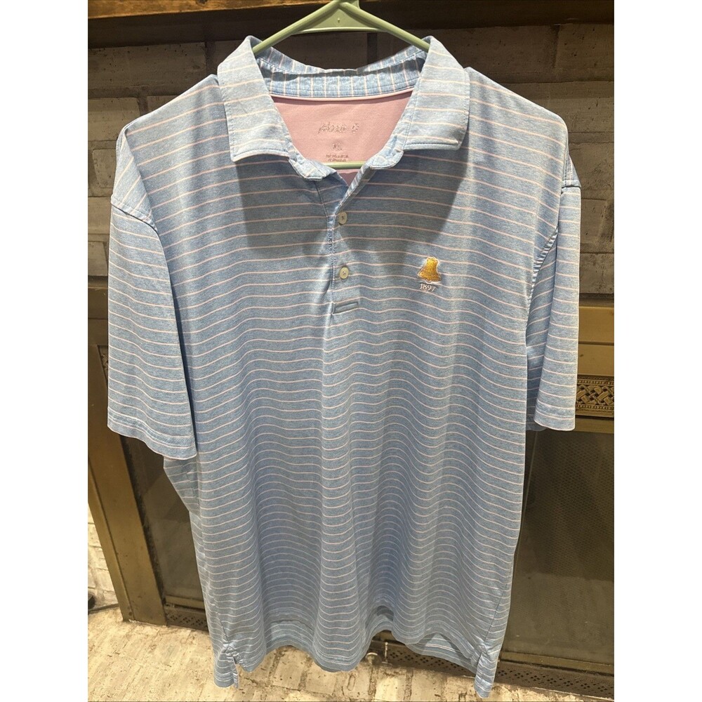 Johnnie-O Men's XL Light Blue W/ Pink Stripe Golf Polo Performance Stretch Shirt